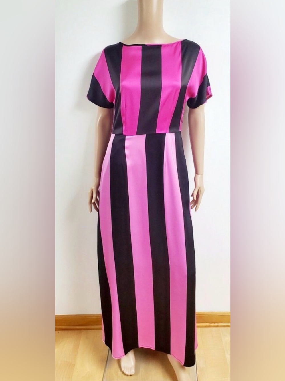 Christopher John Rogers Fuchsia and Black Vertical Stripe Maxi Dress, size 16
